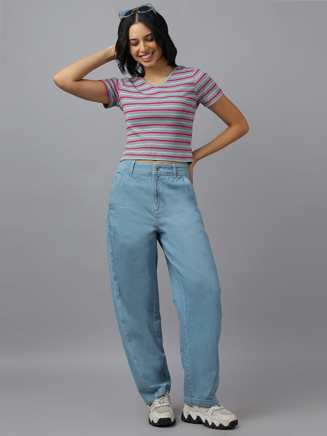 STRIPED WOMEN CROP-FIT V NECK HALF SLEEVES- FIT