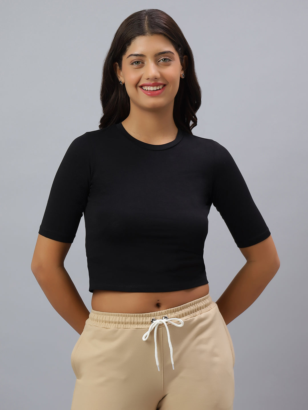 Solid Women Crop Elbow Sleeves- Black
