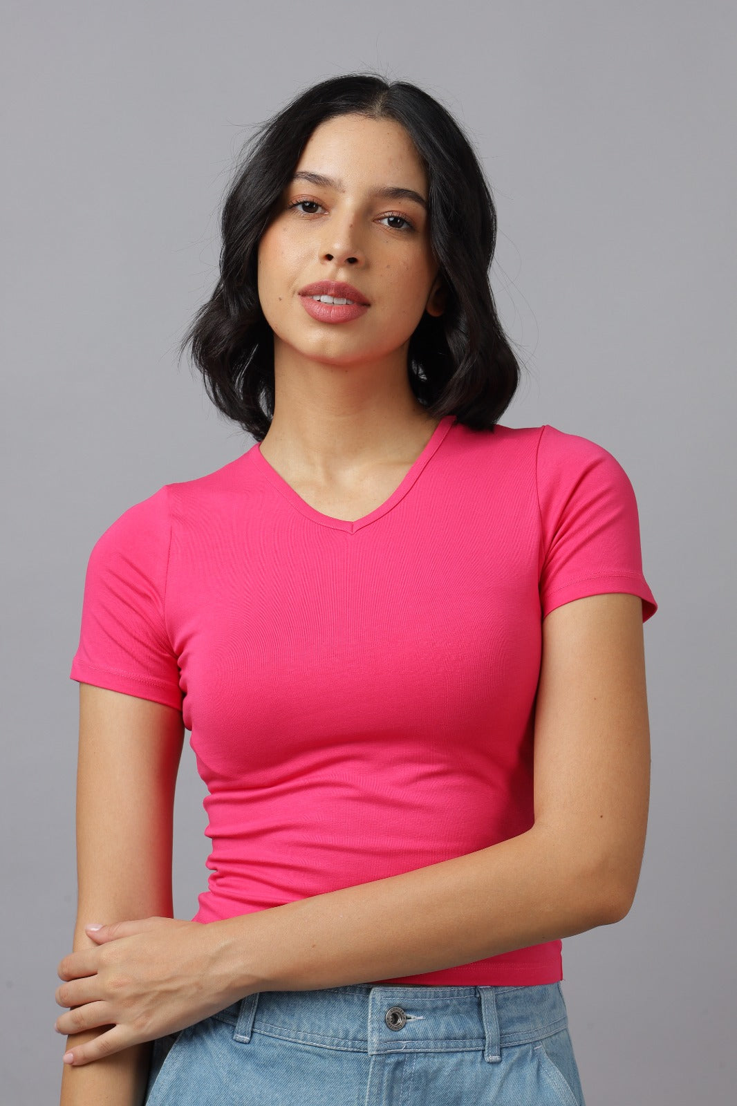 Solid Women V Neck Top Half Sleeves- FIT