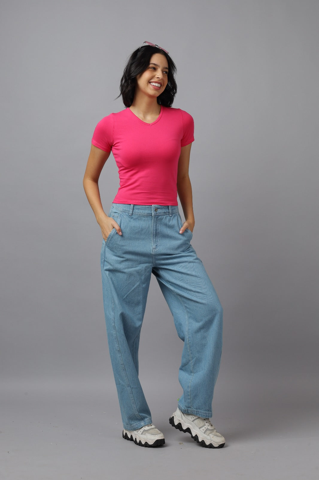 Solid Women V Neck Top Half Sleeves- FIT