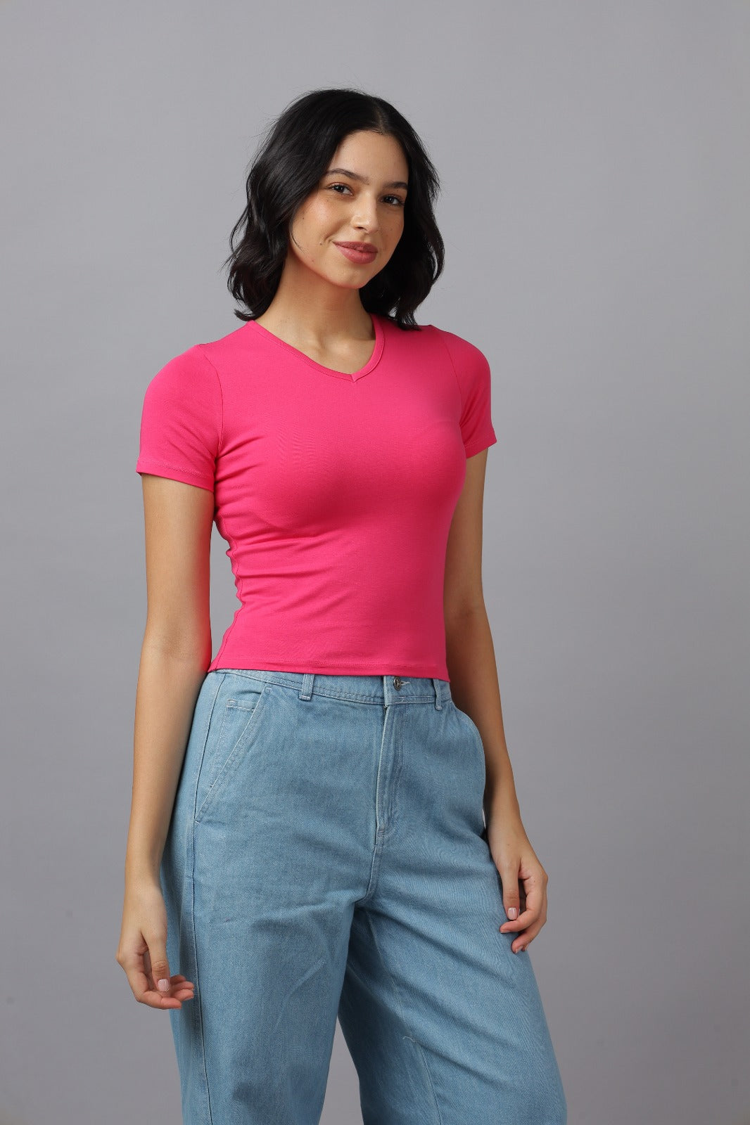 Solid Women V Neck Top Half Sleeves- FIT