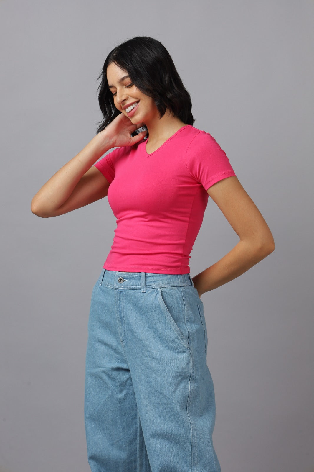 Solid Women V Neck Top Half Sleeves- FIT