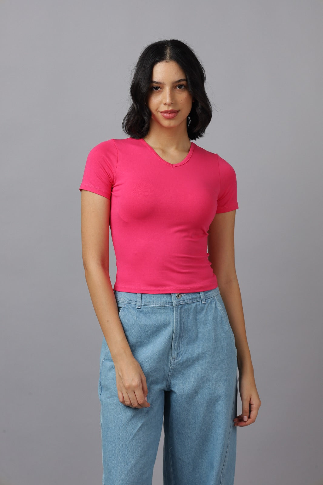 Solid Women V Neck Top Half Sleeves- FIT