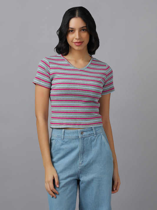 STRIPED WOMEN CROP-FIT V NECK HALF SLEEVES- FIT