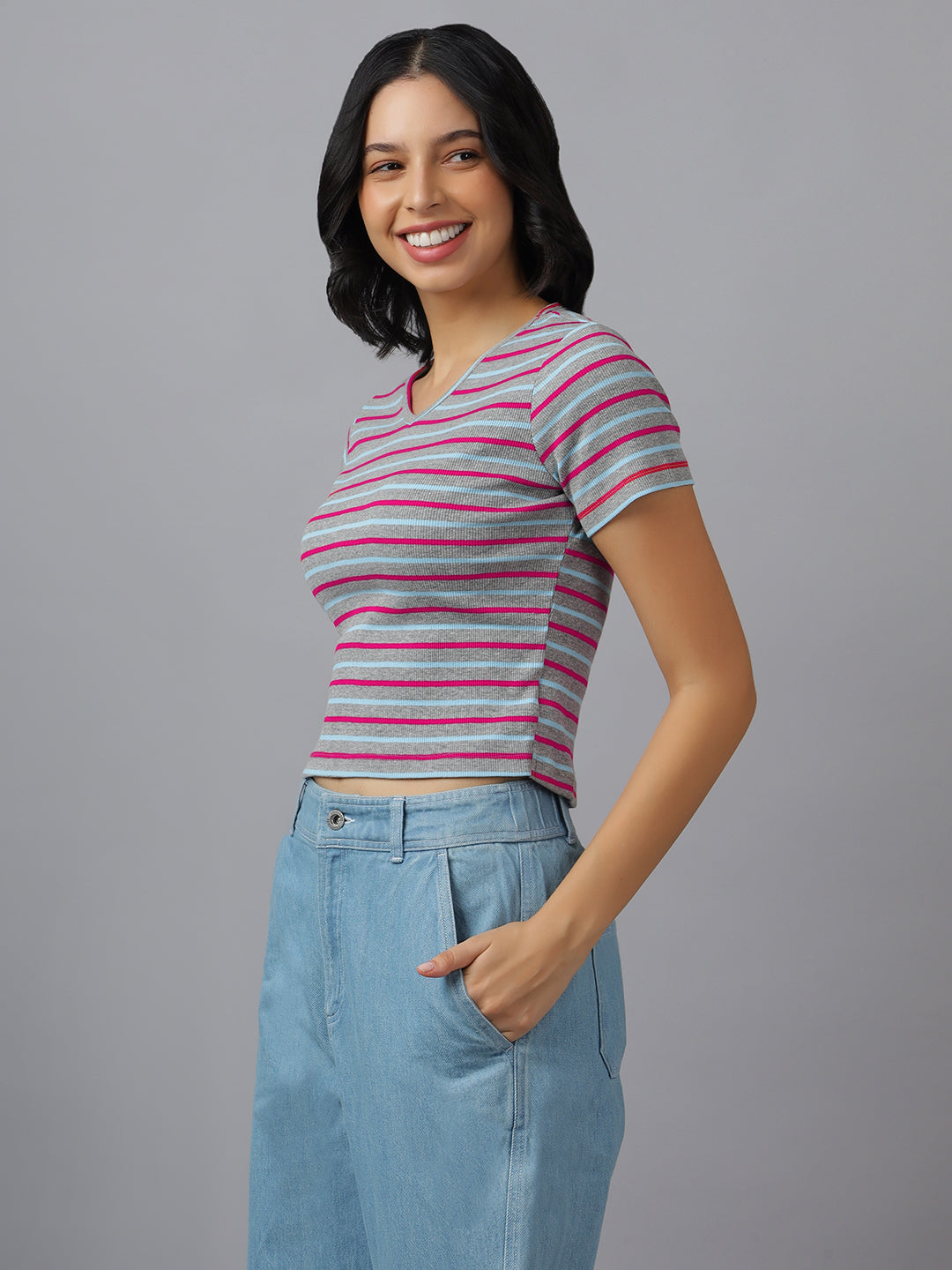 STRIPED WOMEN CROP-FIT V NECK HALF SLEEVES- FIT
