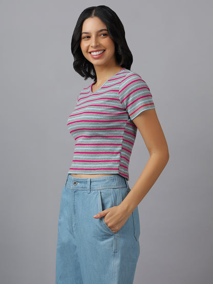 STRIPED WOMEN CROP-FIT V NECK HALF SLEEVES- FIT