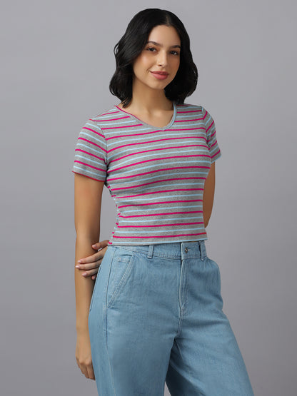 STRIPED WOMEN CROP-FIT V NECK HALF SLEEVES- FIT