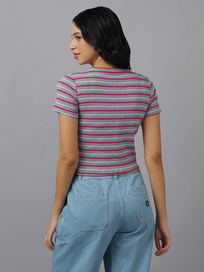 STRIPED WOMEN CROP-FIT V NECK HALF SLEEVES- FIT