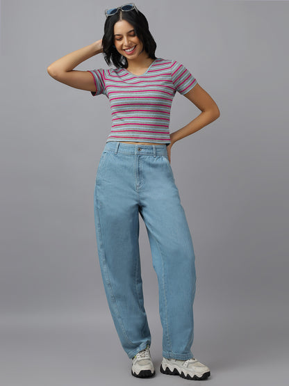 STRIPED WOMEN CROP-FIT V NECK HALF SLEEVES- FIT