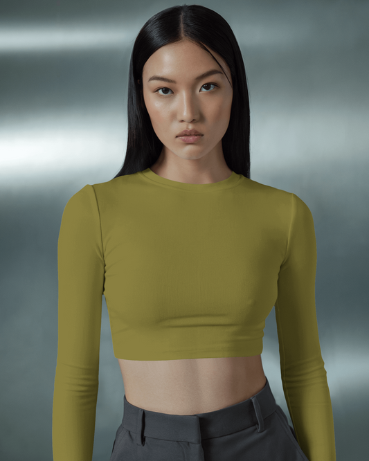 Solid Women Crop Long Sleeves- Olive Green