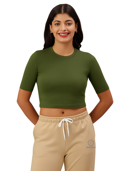Solid Women Crop Elbow Sleeves- Olive Green